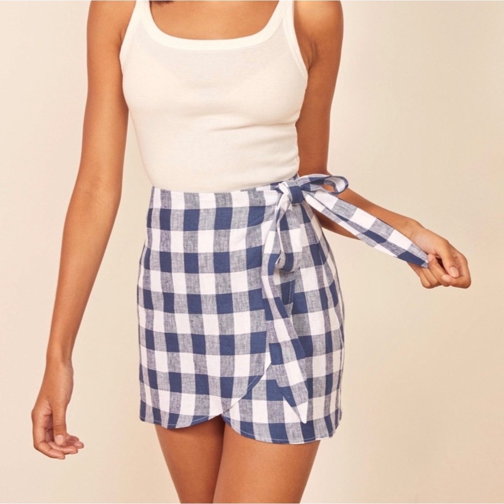 Reformation Sax Wrap Skirt XS Navy Blue Checkered Gingham Mini EUC Cottagecore